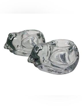 Vintage Pair of sleeping cat clear glass votive candle holders